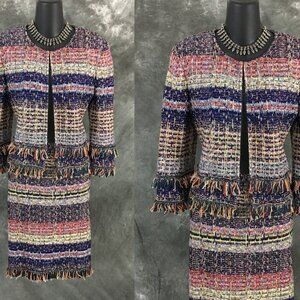 BEAUTIFUL st john knit blue multi fringe jacket skirt suit size 8 10